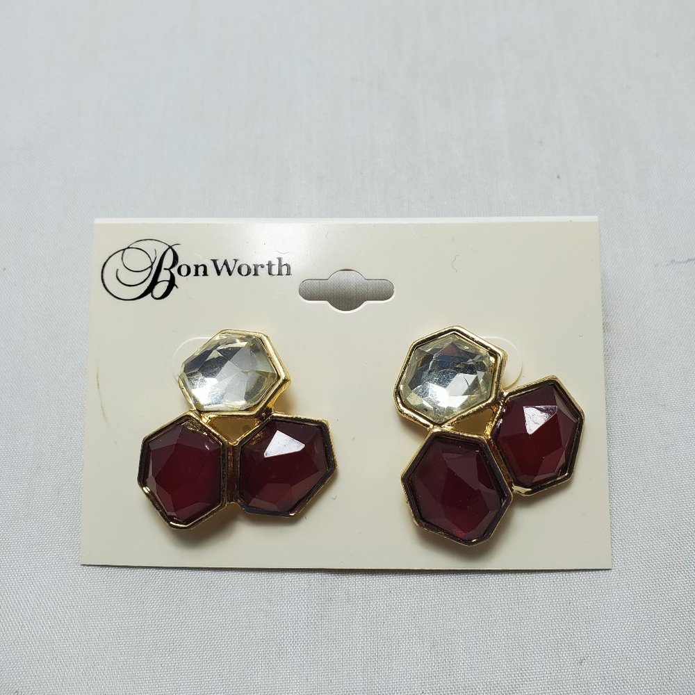 BonWorth pentagon shape gold tone red and clear gem stone pierced earring